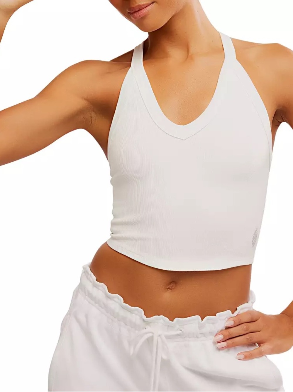 Free People White Ribbed V-Neck Cropped Racerback Tank